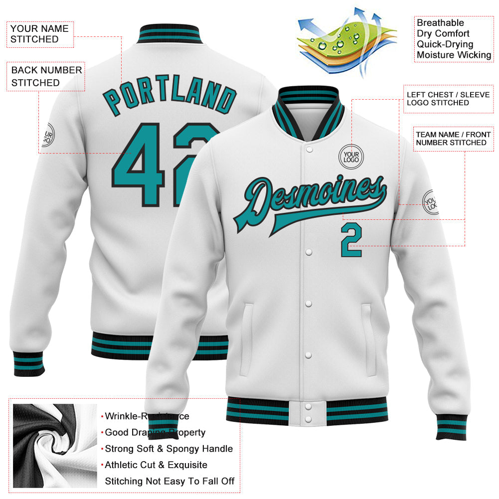 Custom White Teal-Black Bomber Full-Snap Varsity Letterman Jacket view 5