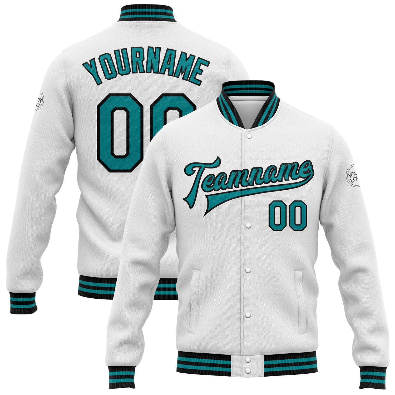 Custom White Teal-Black Bomber Full-Snap Varsity Letterman Jacket - Main View