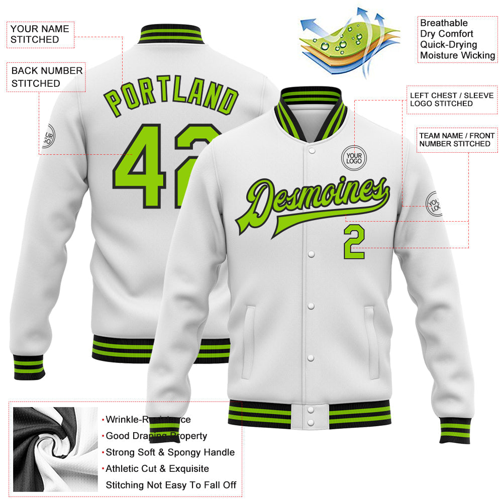 Custom White Neon Green-Black Bomber Full-Snap Varsity Letterman Jacket view 5