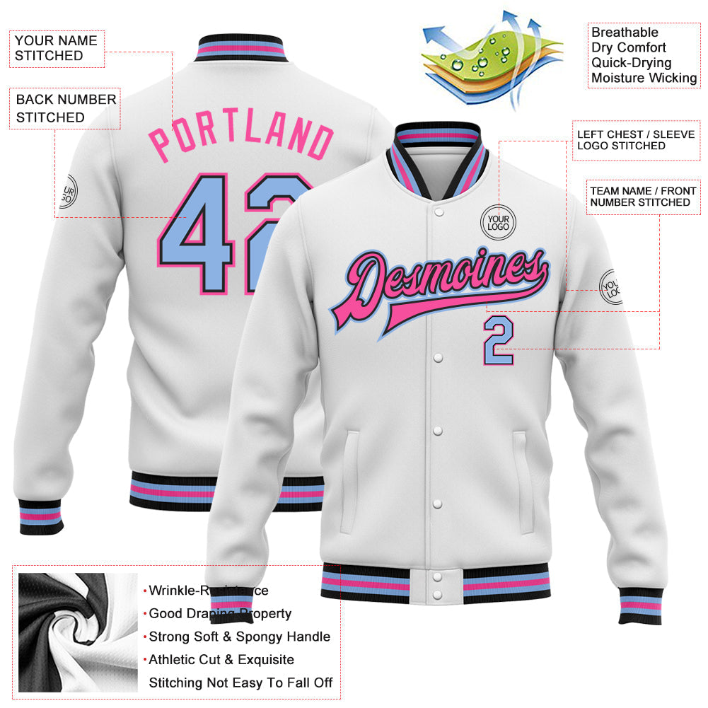 Custom White Light Blue Black-Pink Bomber Full-Snap Varsity Letterman Jacket view 5