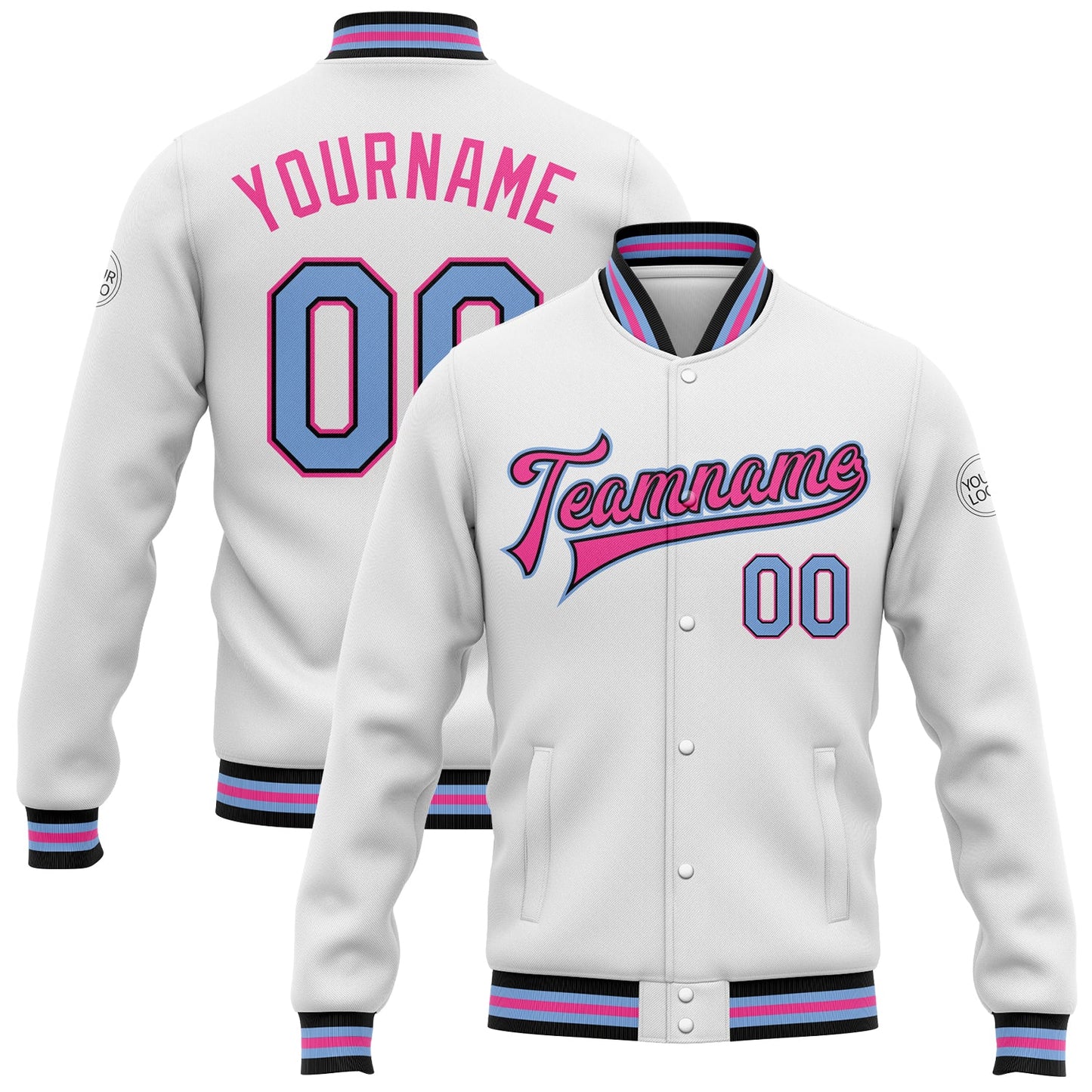 Custom White Light Blue Black-Pink Bomber Full-Snap Varsity Letterman Jacket - Main View