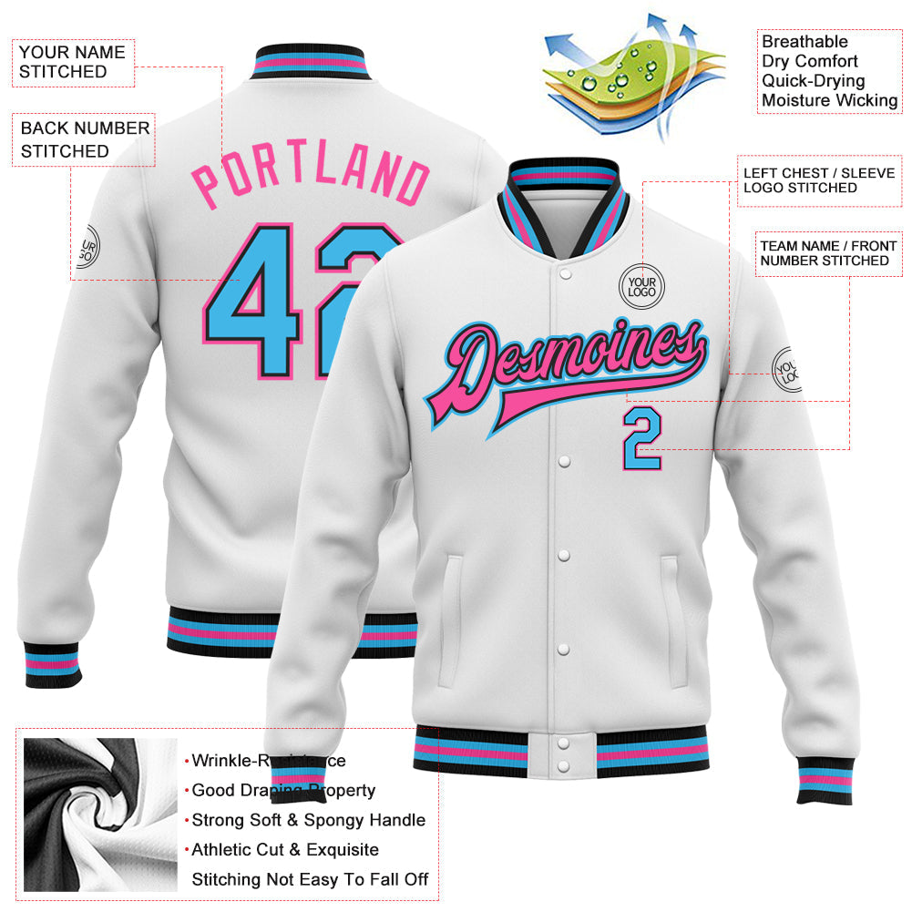 Custom White Sky Blue Black-Pink Bomber Full-Snap Varsity Letterman Jacket view 5