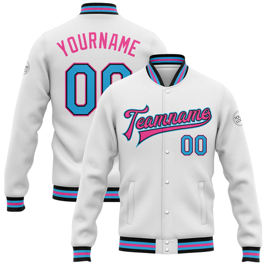 Custom White Sky Blue Black-Pink Bomber Full-Snap Varsity Letterman Jacket - Main View
