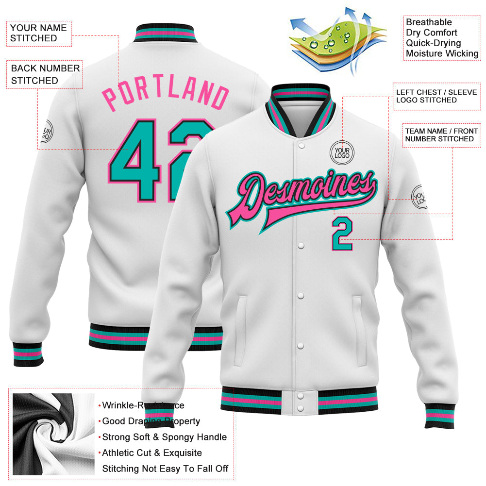 Custom White Aqua Black-Pink Bomber Full-Snap Varsity Letterman Jacket view 5