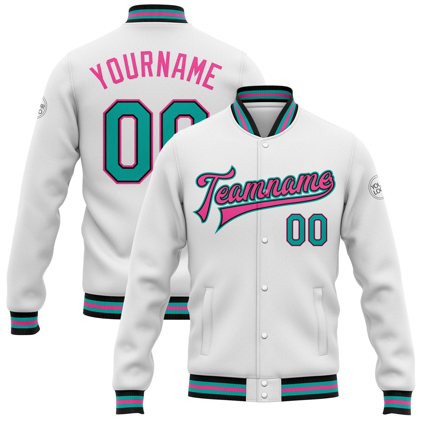 Custom White Aqua Black-Pink Bomber Full-Snap Varsity Letterman Jacket - Main View
