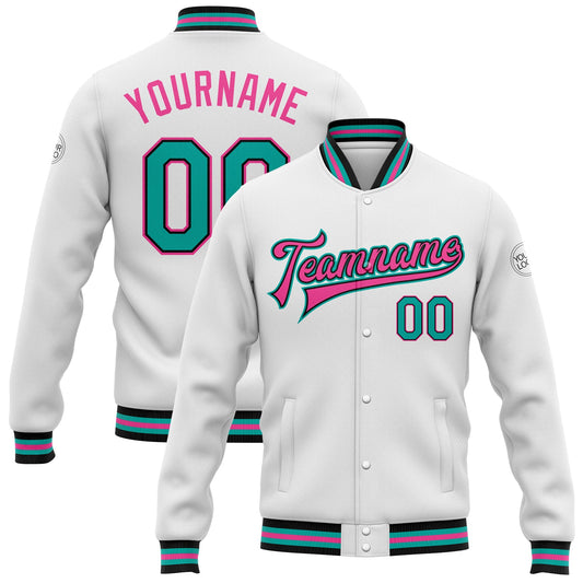 Custom White Aqua Black-Pink Bomber Full-Snap Varsity Letterman Jacket - Main View
