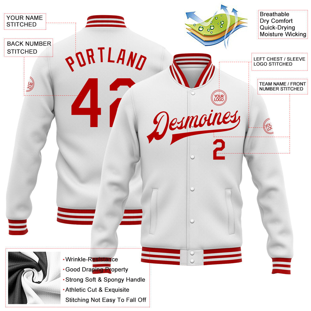 Custom White Red Bomber Full-Snap Varsity Letterman Jacket view 5