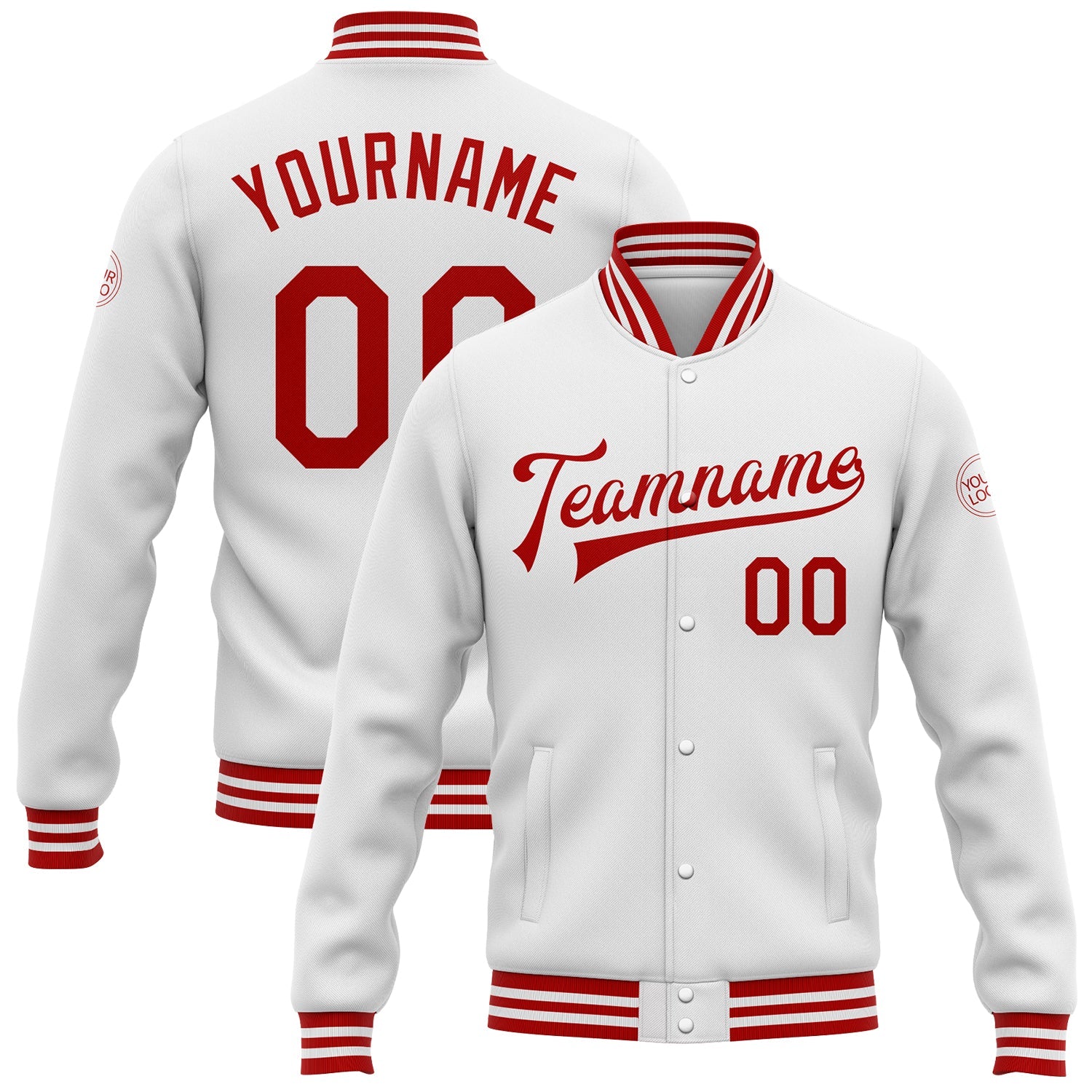 Custom White Red Bomber Full-Snap Varsity Letterman Jacket - Main View