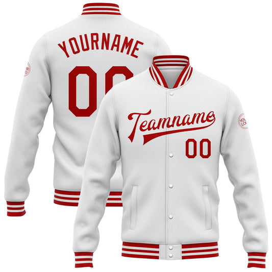 Custom White Red Bomber Full-Snap Varsity Letterman Jacket - Main View