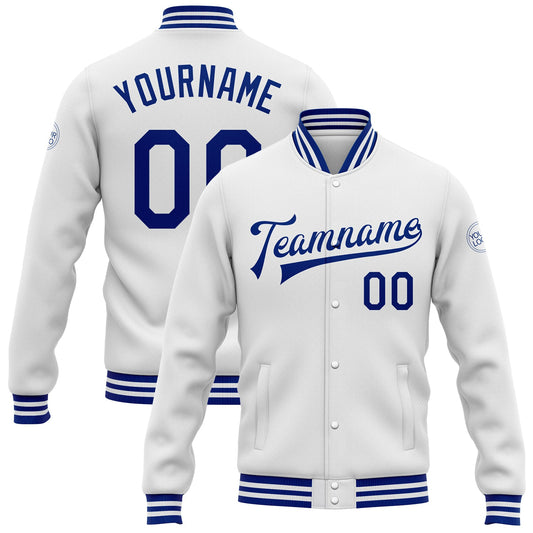 Custom White Royal Bomber Full-Snap Varsity Letterman Jacket - Main View