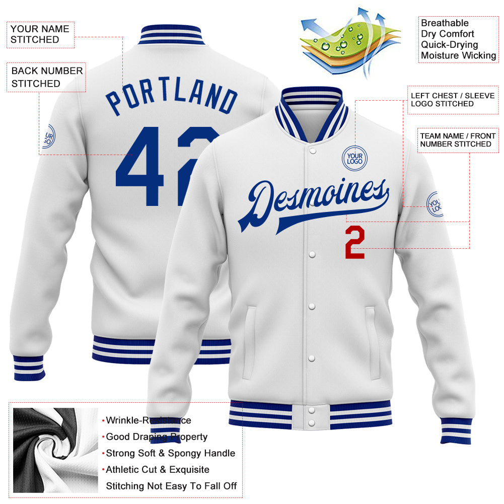 Custom White Royal-Red Bomber Full-Snap Varsity Letterman Jacket view 5