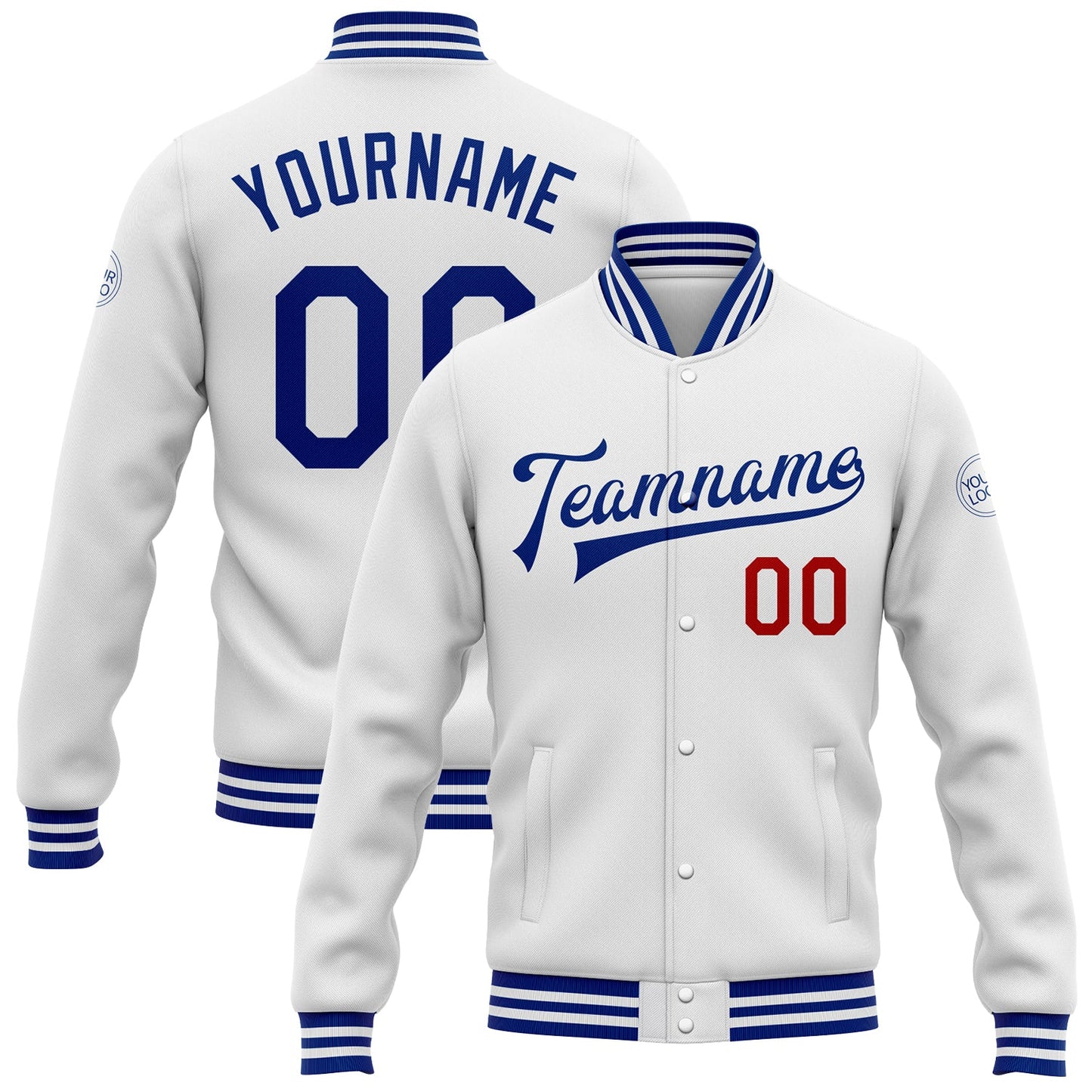 Custom White Royal-Red Bomber Full-Snap Varsity Letterman Jacket - Main View