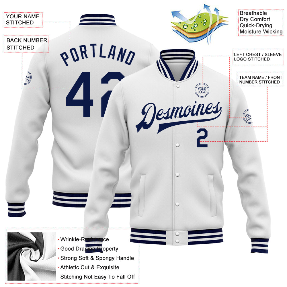 Custom White Navy Bomber Full-Snap Varsity Letterman Jacket view 5