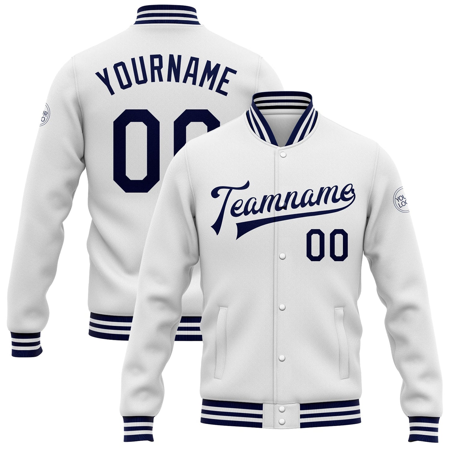 Custom White Navy Bomber Full-Snap Varsity Letterman Jacket - Main View