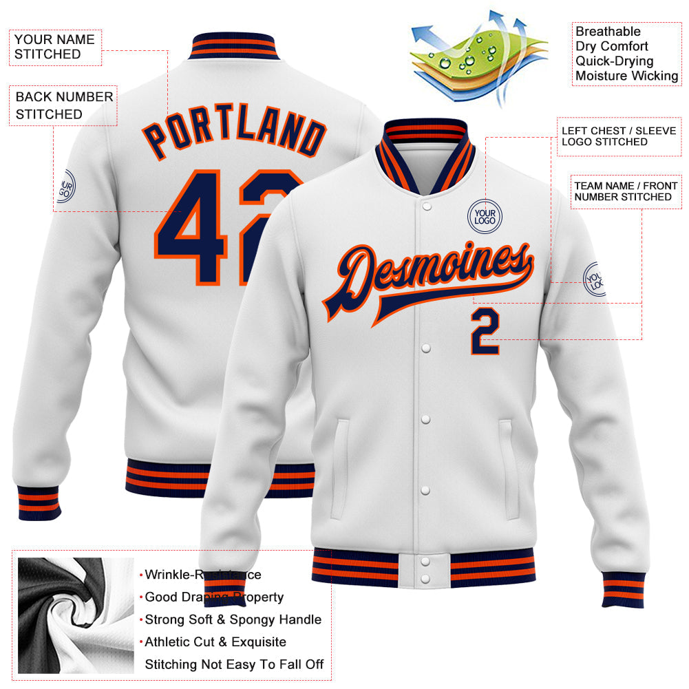 Custom White Navy-Orange Bomber Full-Snap Varsity Letterman Jacket view 5