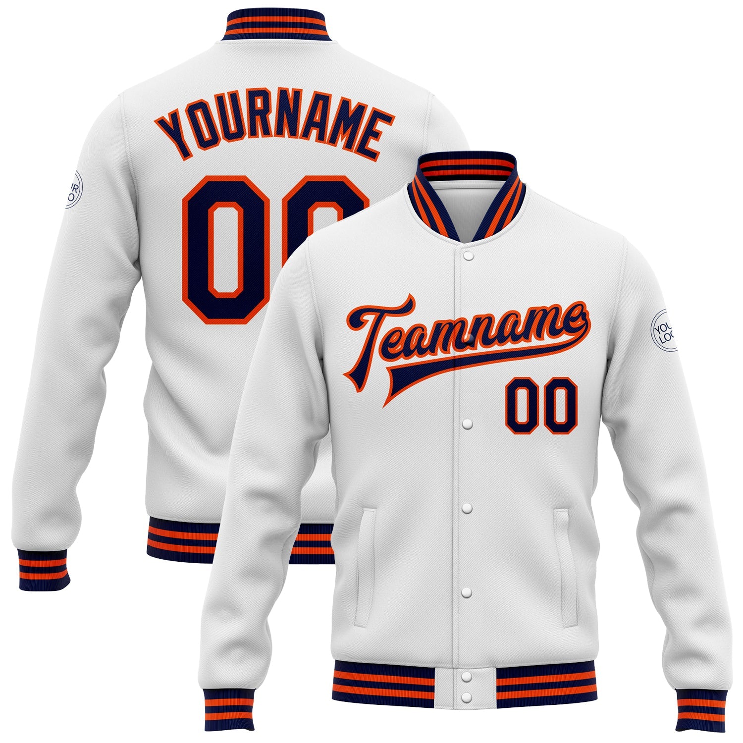Custom White Navy-Orange Bomber Full-Snap Varsity Letterman Jacket - Main View