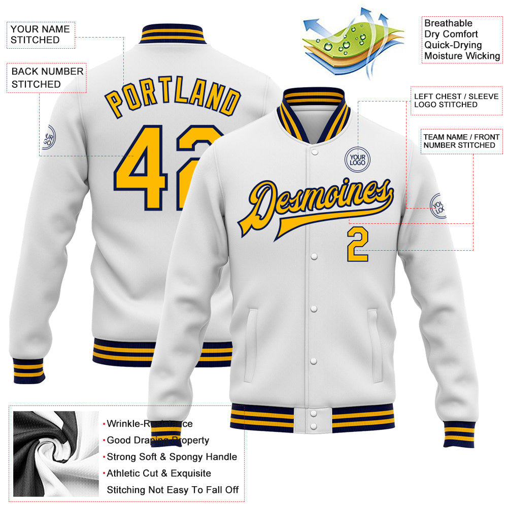 Custom White Gold-Navy Bomber Full-Snap Varsity Letterman Jacket view 5