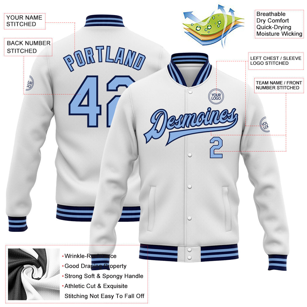 Custom White Light Blue-Navy Bomber Full-Snap Varsity Letterman Jacket view 5