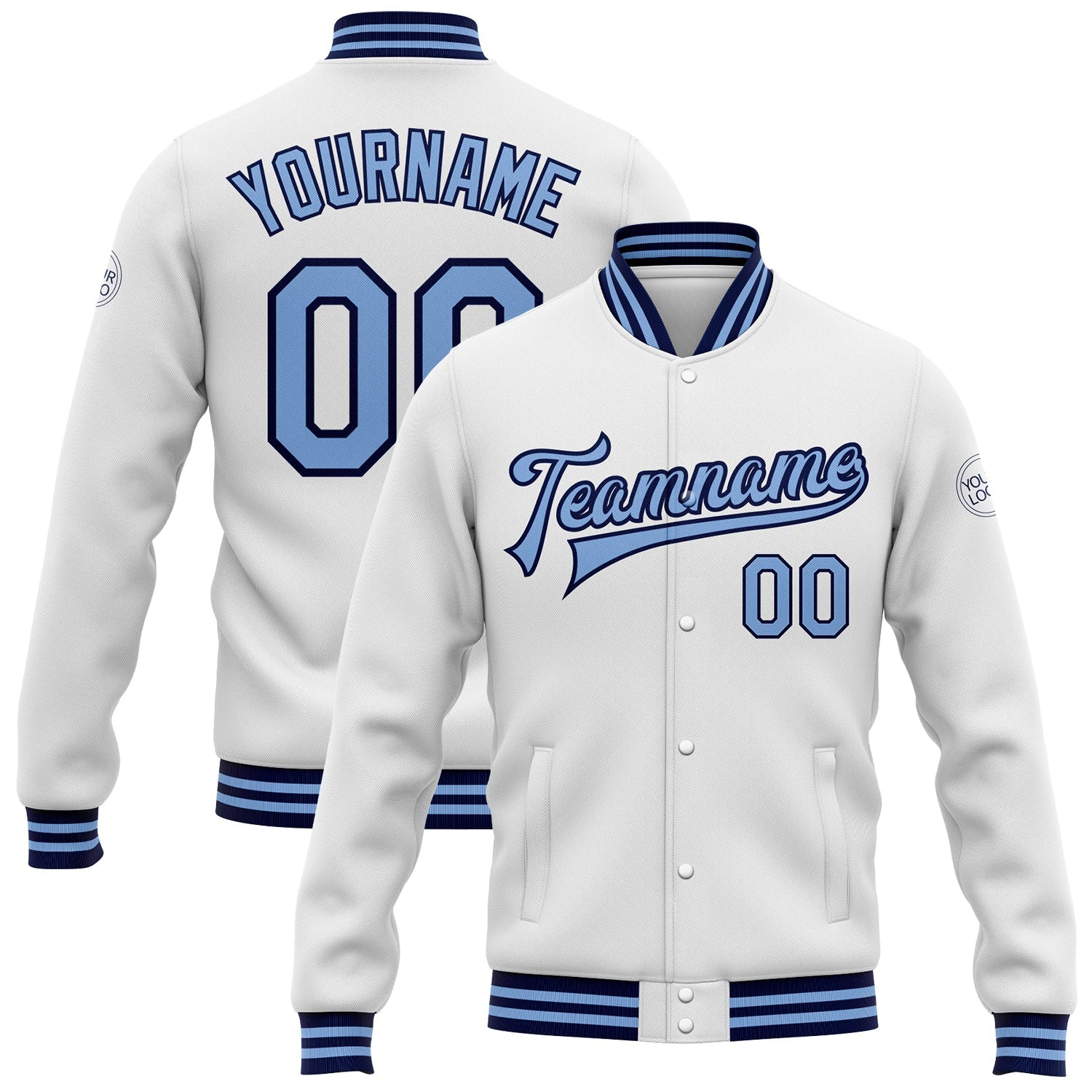 Custom White Light Blue-Navy Bomber Full-Snap Varsity Letterman Jacket - Main View