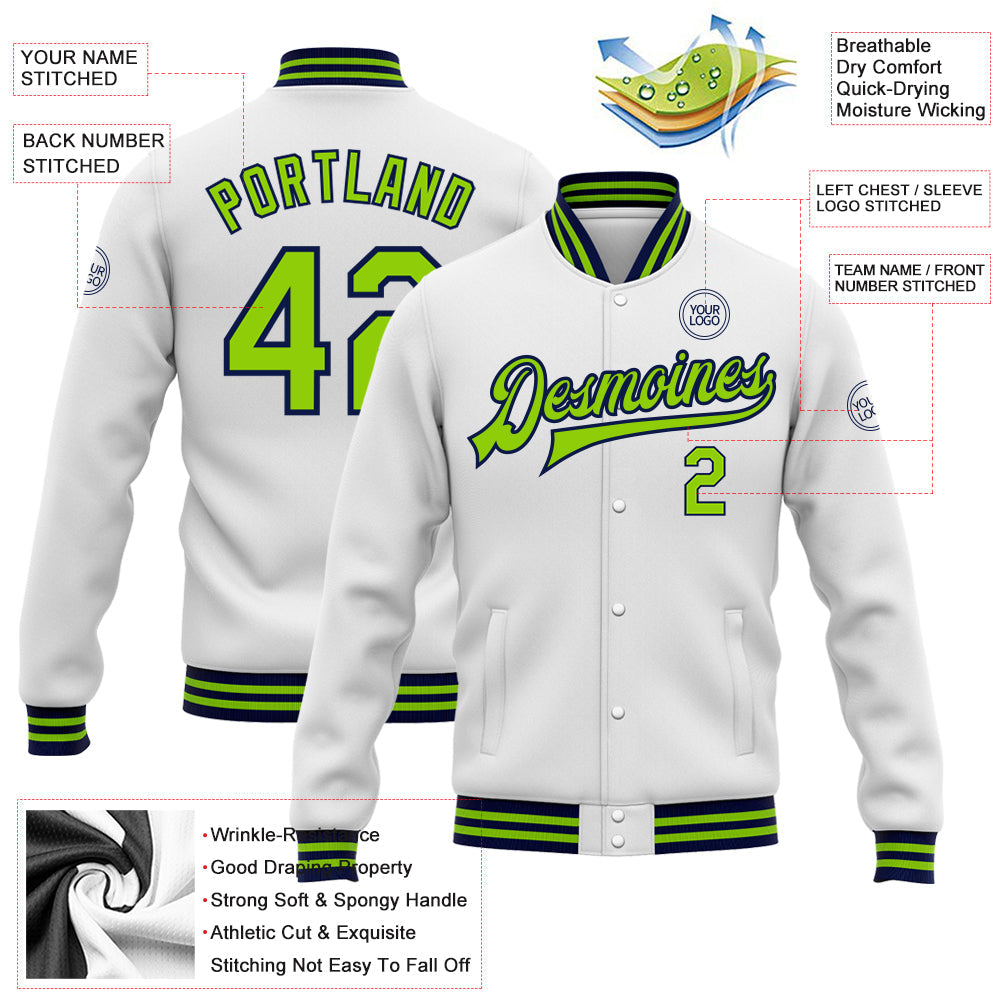 Custom White Neon Green-Navy Bomber Full-Snap Varsity Letterman Jacket view 5