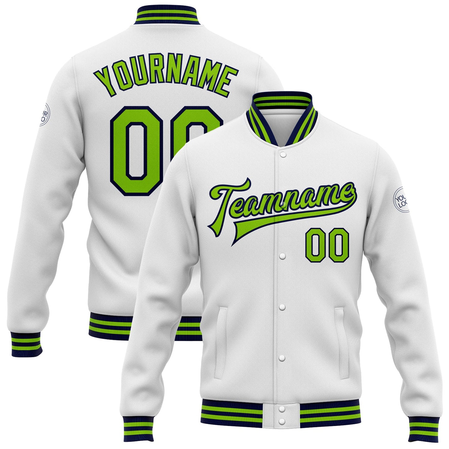Custom White Neon Green-Navy Bomber Full-Snap Varsity Letterman Jacket - Main View