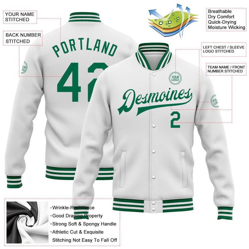 Custom White Kelly Green Bomber Full-Snap Varsity Letterman Jacket view 5