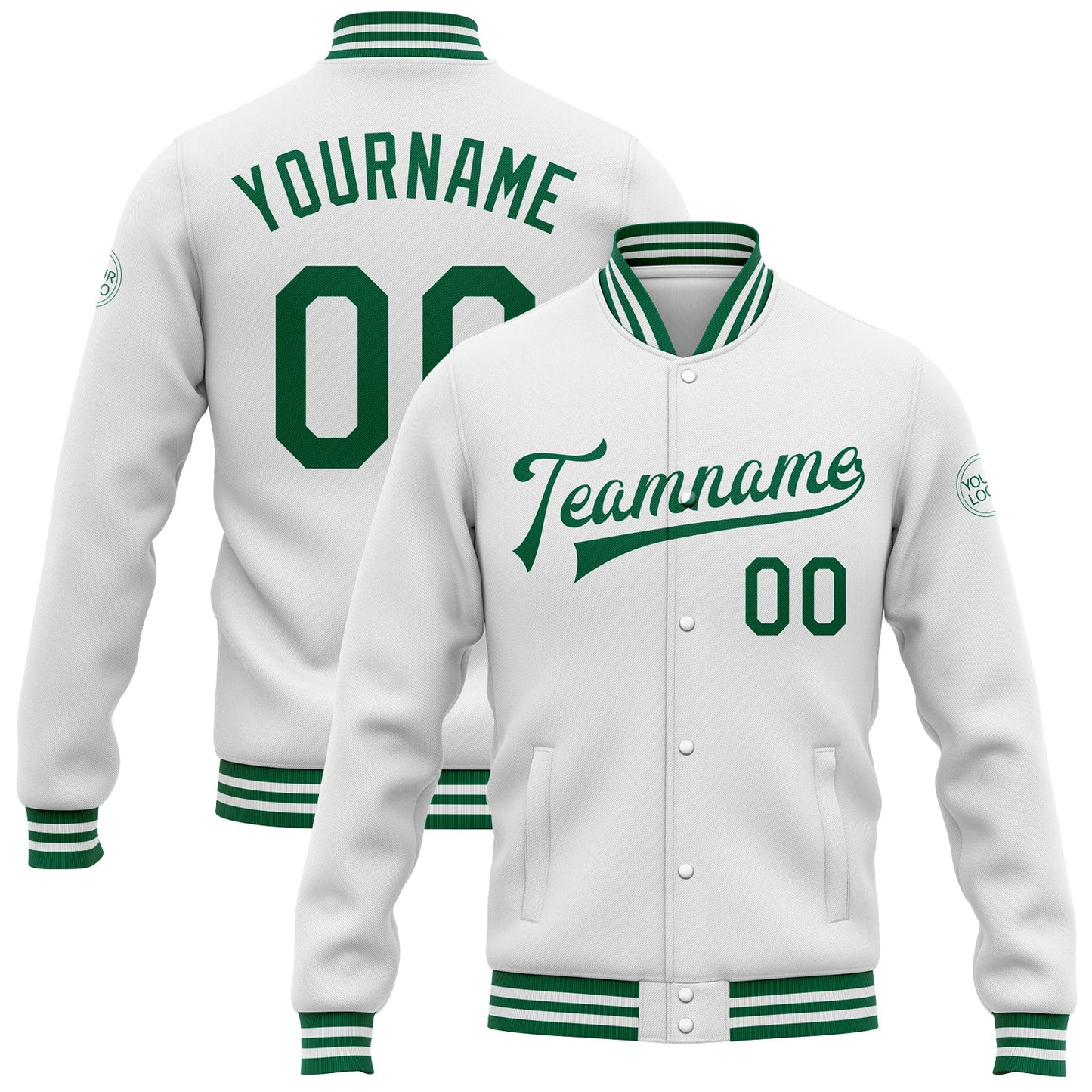 Custom White Kelly Green Bomber Full-Snap Varsity Letterman Jacket - Main View