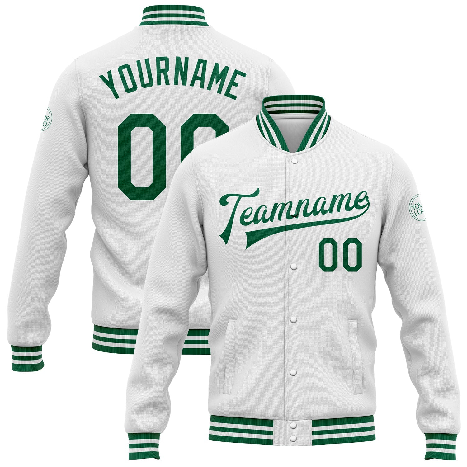 Custom White Kelly Green Bomber Full-Snap Varsity Letterman Jacket - Main View
