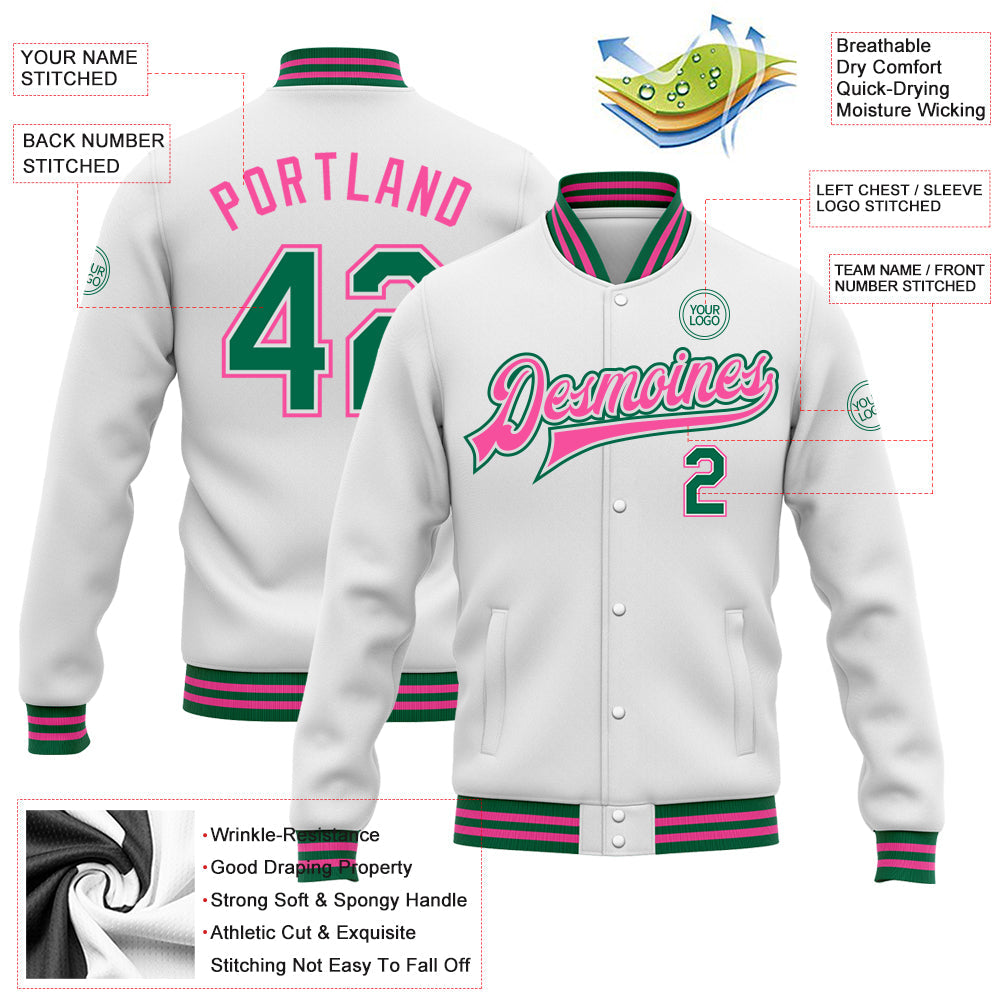 Custom White Kelly Green-Pink Bomber Full-Snap Varsity Letterman Jacket view 5