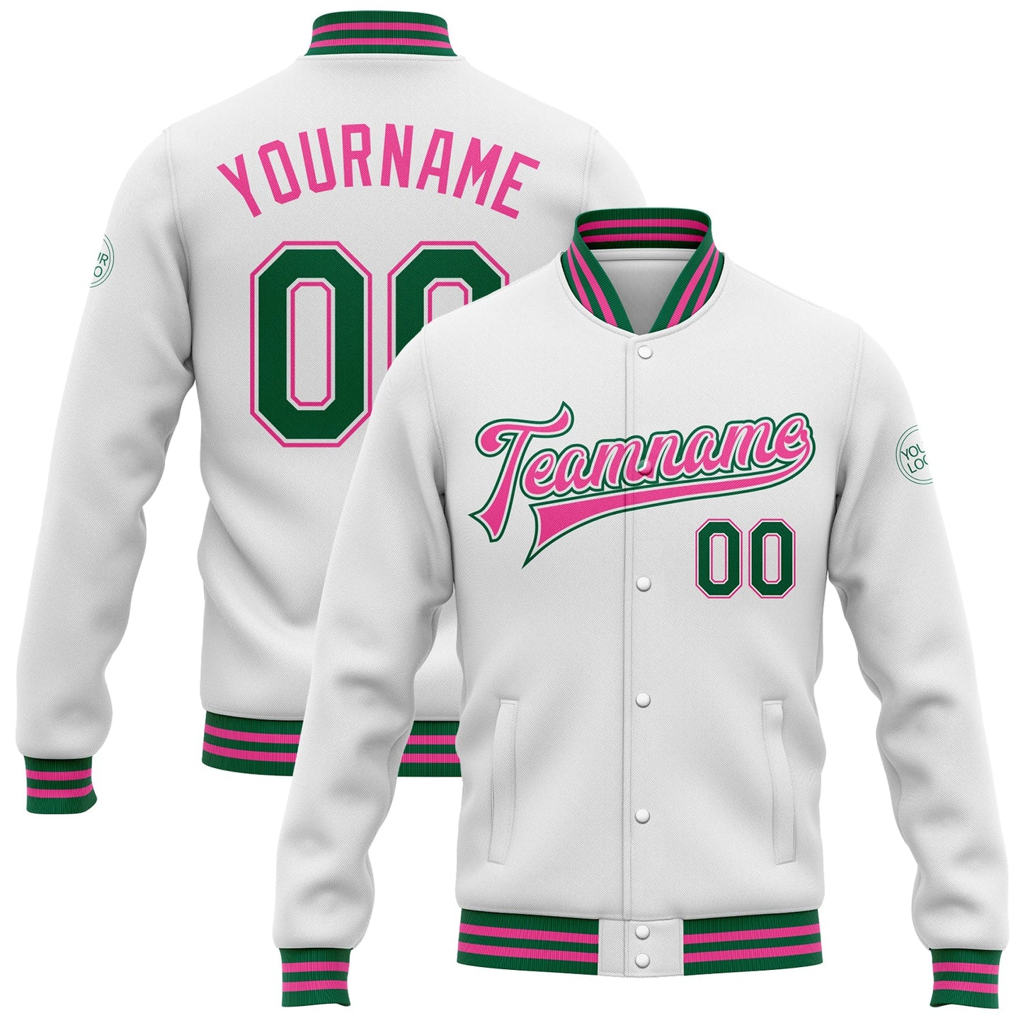 Custom White Kelly Green-Pink Bomber Full-Snap Varsity Letterman Jacket - Main View