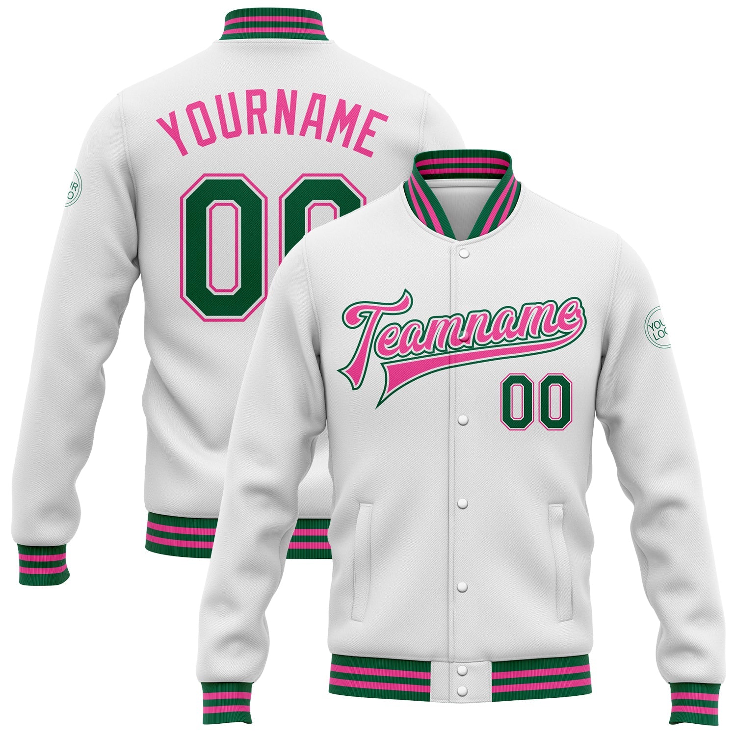 Custom White Kelly Green-Pink Bomber Full-Snap Varsity Letterman Jacket - Main View