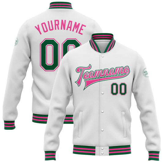 Custom White Kelly Green-Pink Bomber Full-Snap Varsity Letterman Jacket - Main View