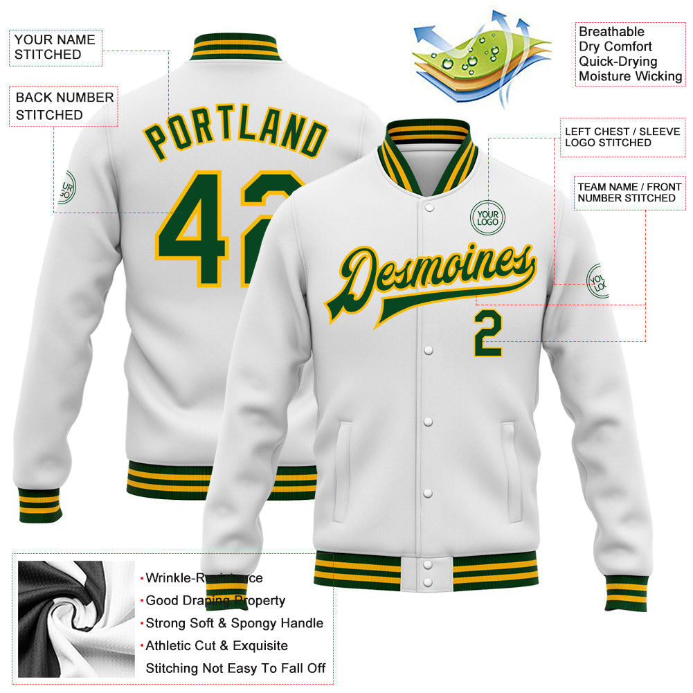 Custom White Green-Gold Bomber Full-Snap Varsity Letterman Jacket view 5