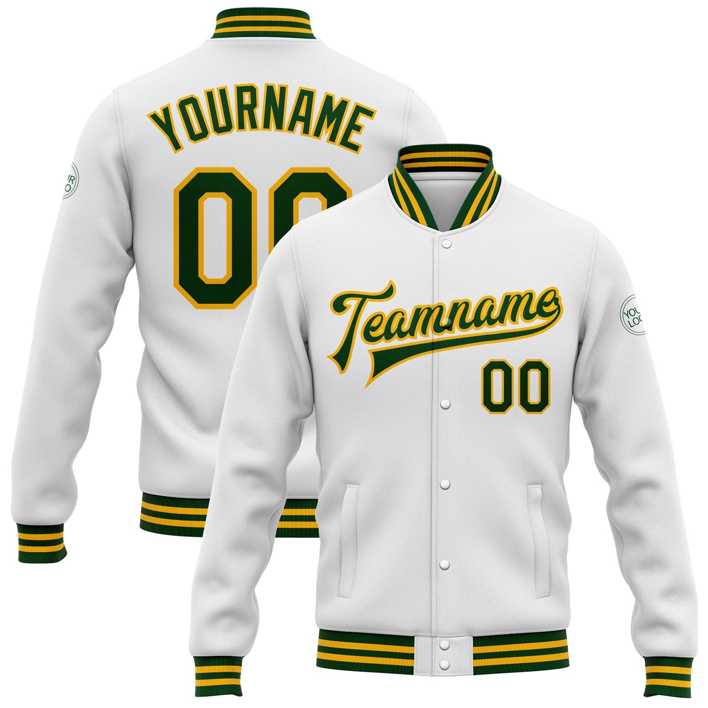 Custom White Green-Gold Bomber Full-Snap Varsity Letterman Jacket - Main View