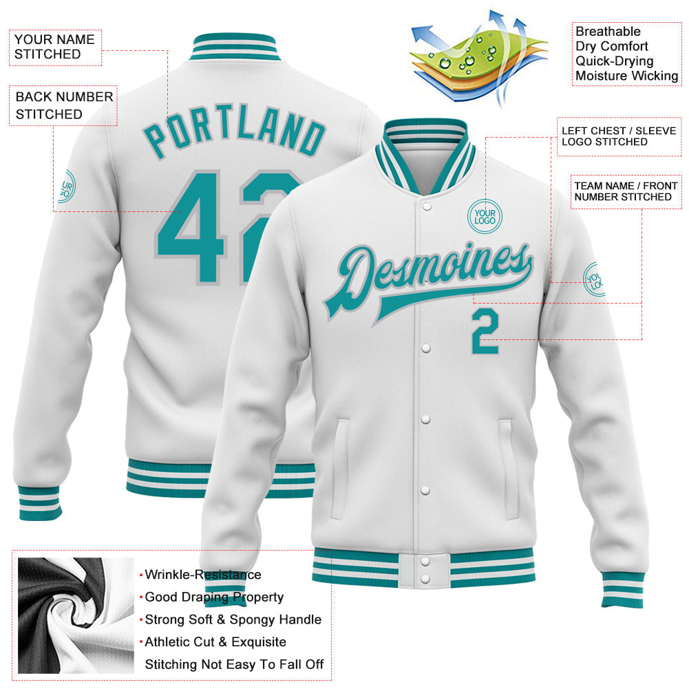 Custom White Teal-Gray Bomber Full-Snap Varsity Letterman Jacket view 5