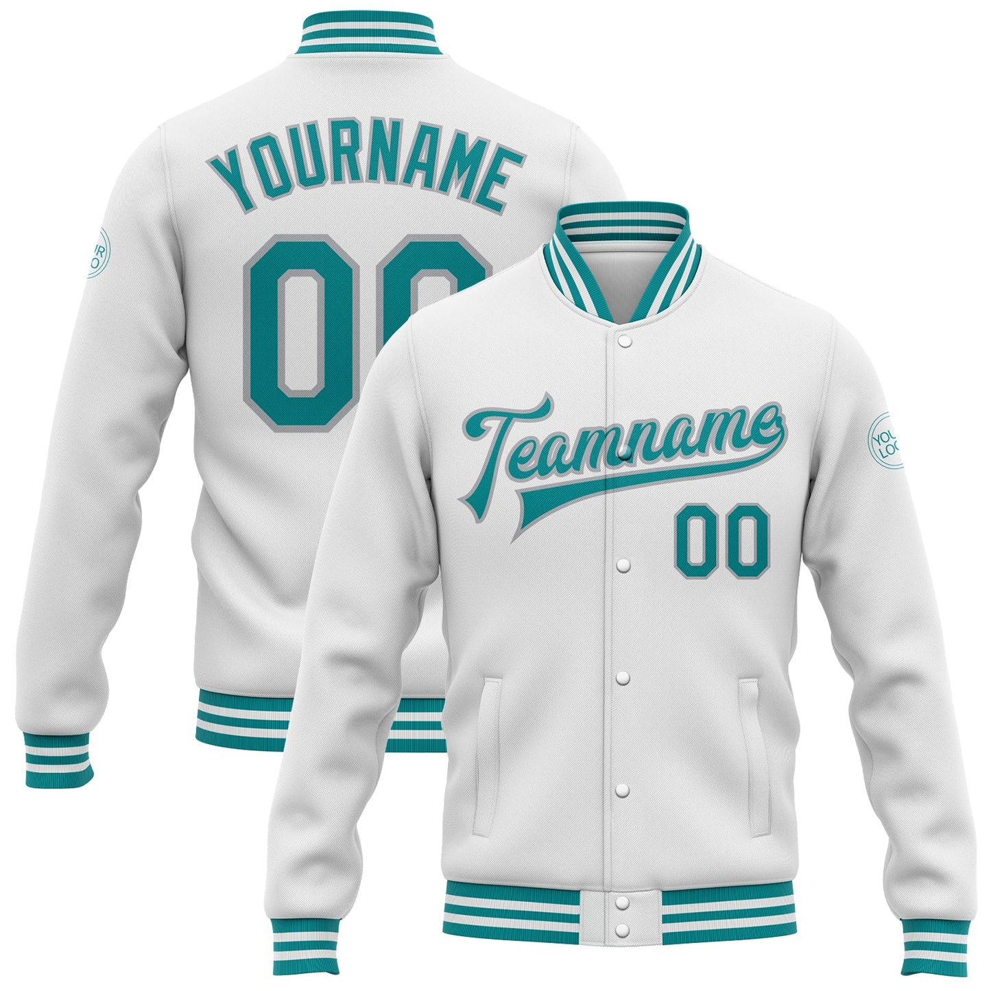 Custom White Teal-Gray Bomber Full-Snap Varsity Letterman Jacket - Main View