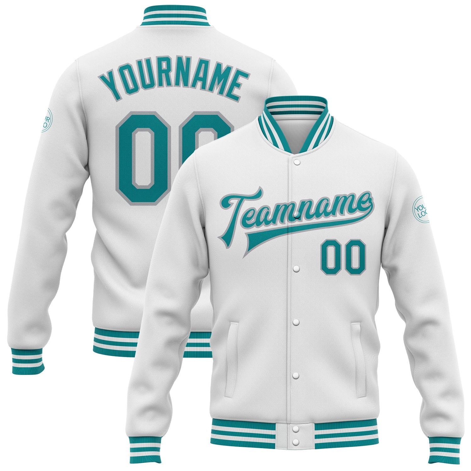 Custom White Teal-Gray Bomber Full-Snap Varsity Letterman Jacket - Main View
