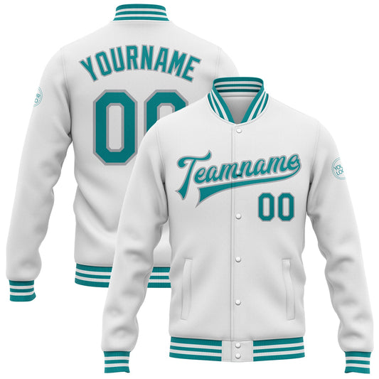 Custom White Teal-Gray Bomber Full-Snap Varsity Letterman Jacket - Main View