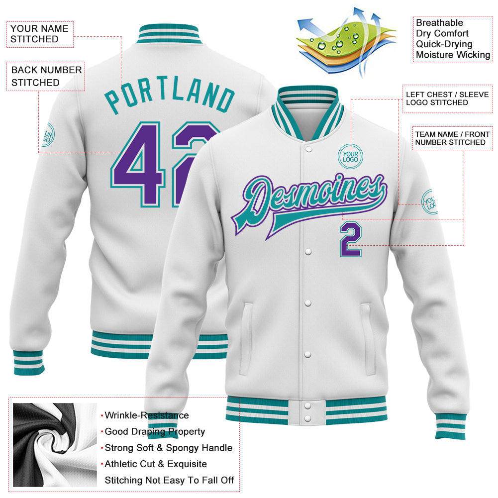 Custom White Purple-Teal Bomber Full-Snap Varsity Letterman Jacket view 5