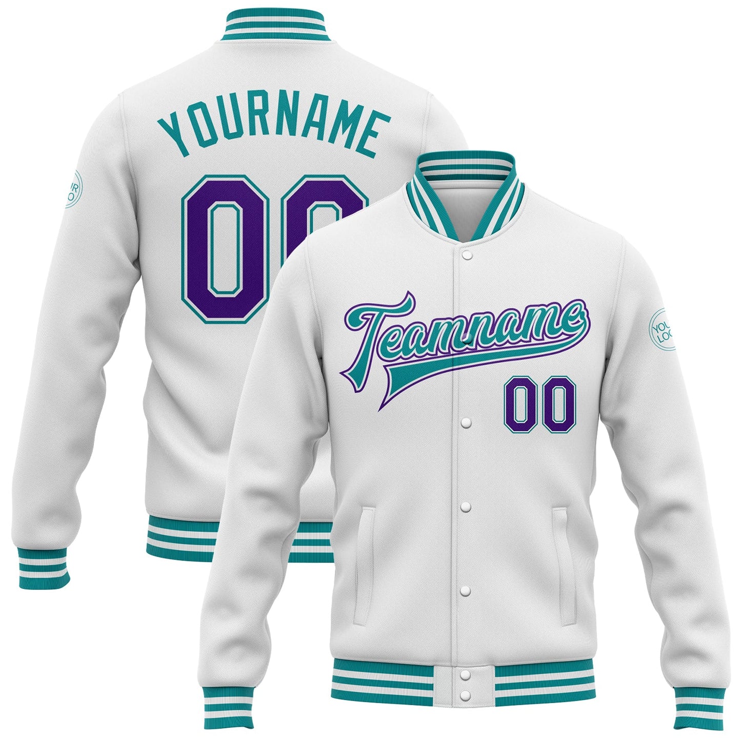 Custom White Purple-Teal Bomber Full-Snap Varsity Letterman Jacket - Main View
