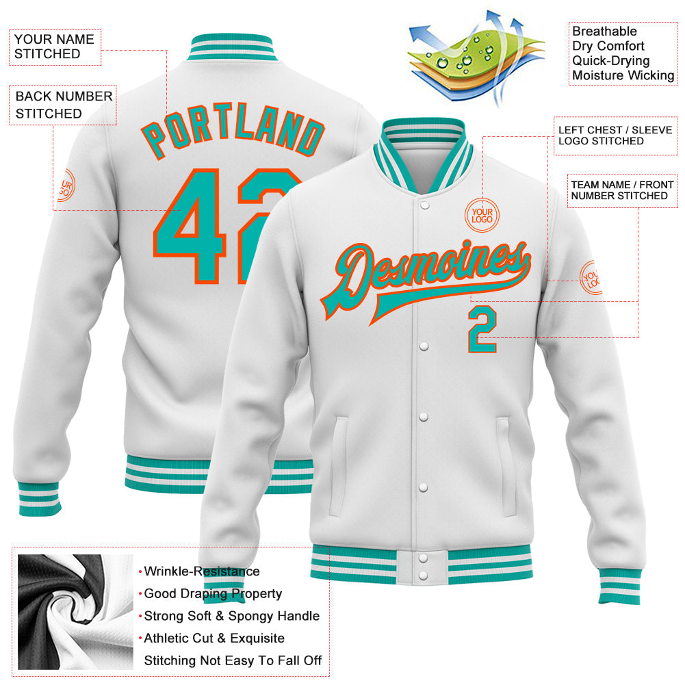 Custom White Aqua-Orange Bomber Full-Snap Varsity Letterman Jacket view 5