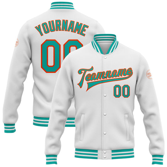 Custom White Aqua-Orange Bomber Full-Snap Varsity Letterman Jacket - Main View