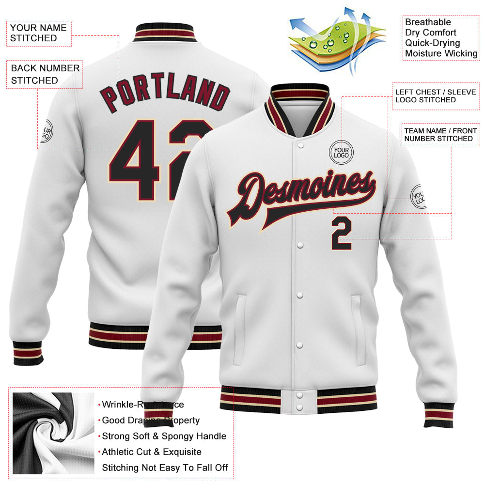 Custom White Black Crimson-City Cream Bomber Full-Snap Varsity Letterman Jacket view 5