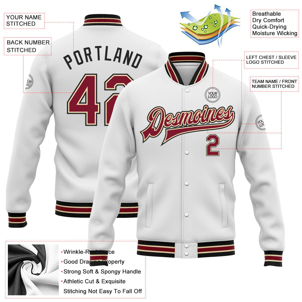 Custom White Crimson City Cream-Black Bomber Full-Snap Varsity Letterman Jacket view 5