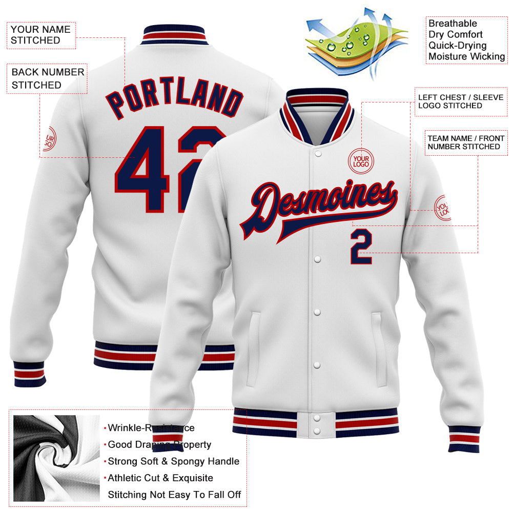 Custom White Navy-Red Bomber Full-Snap Varsity Letterman Jacket view 5