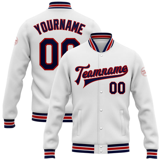 Custom White Navy-Red Bomber Full-Snap Varsity Letterman Jacket - Main View