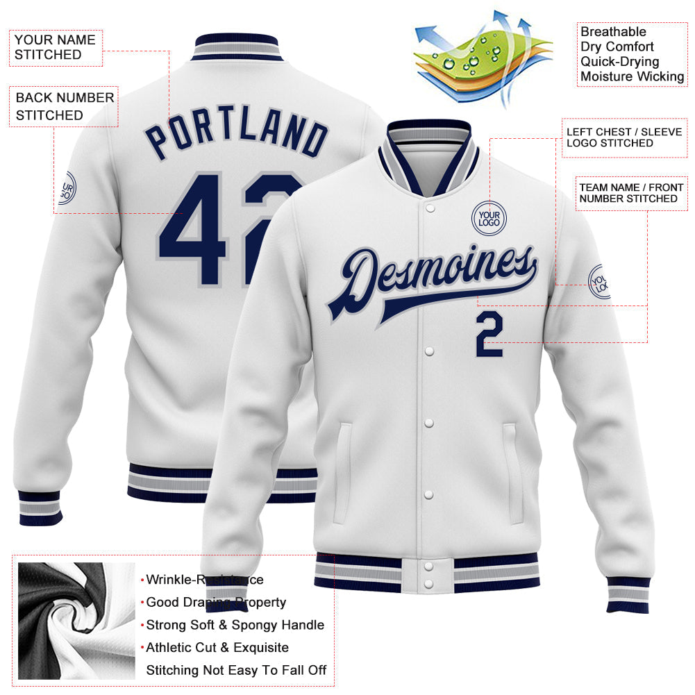 Custom White Navy-Gray Bomber Full-Snap Varsity Letterman Jacket view 5