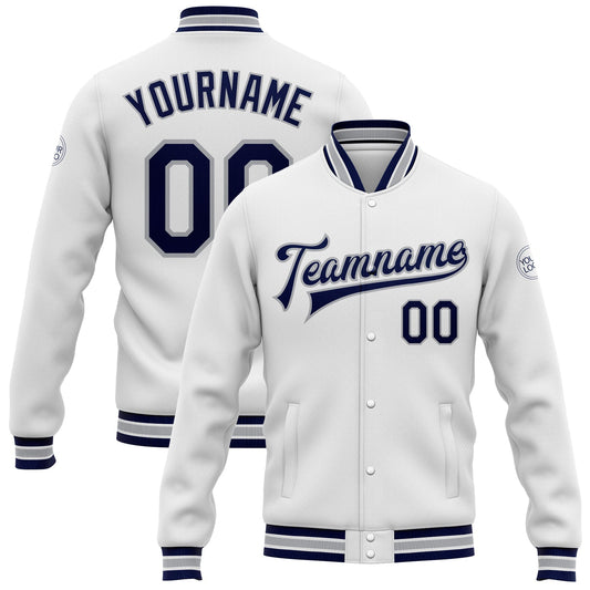 Custom White Navy-Gray Bomber Full-Snap Varsity Letterman Jacket - Main View