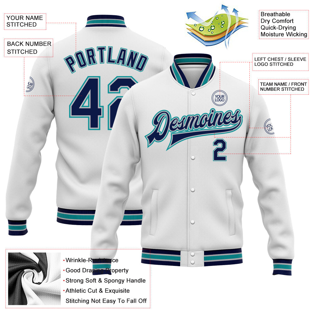Custom White Navy Gray-Teal Bomber Full-Snap Varsity Letterman Jacket view 5
