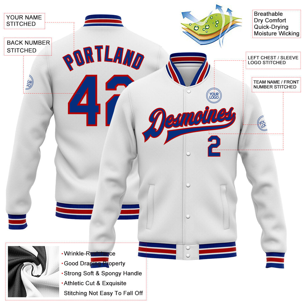 Custom White Royal-Red Bomber Full-Snap Varsity Letterman Jacket view 5